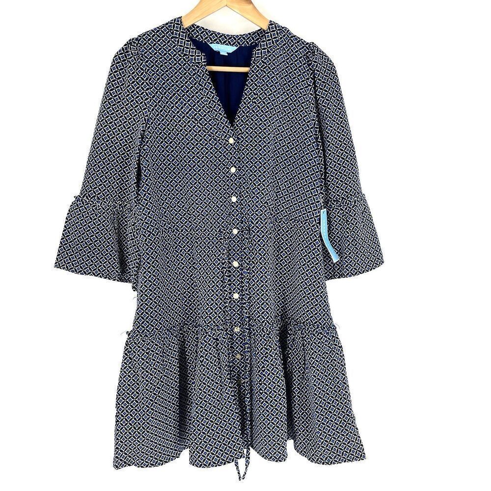 Draper James Shirt Dress Size XS Navy Geometric Print Bell Sleeve Button Front